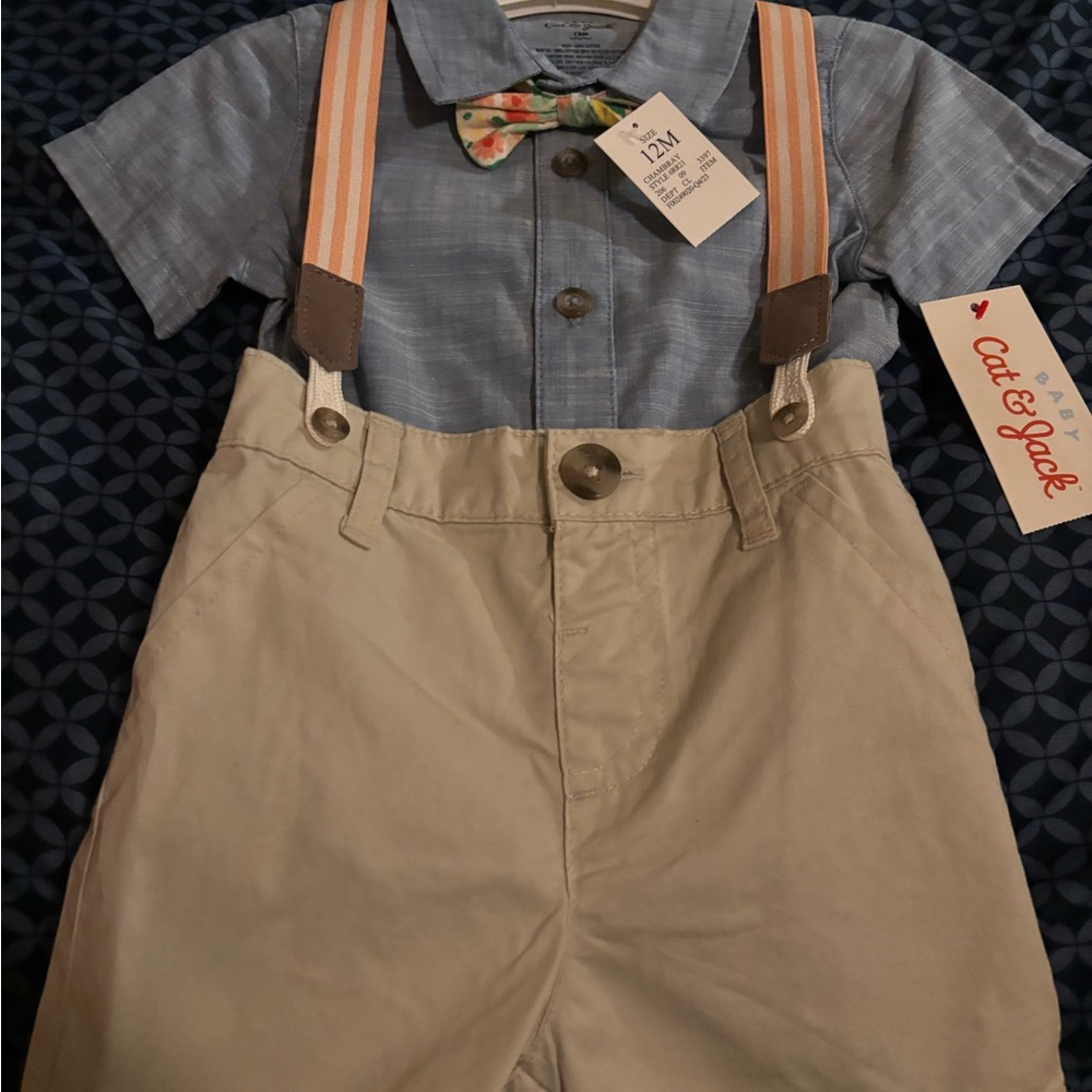 Cat & Jack Blue Shirt with Beige Suspenders Set